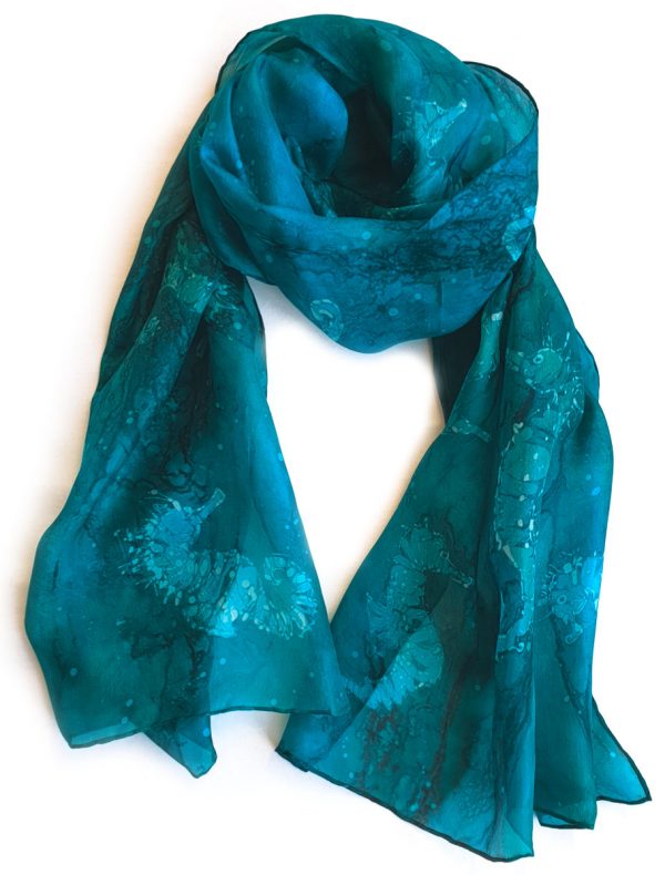 seahorses in pine and blue silk scarf