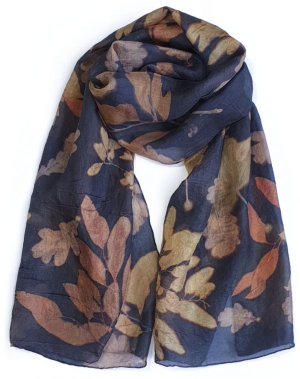 midnight colours leaves silk scarf hand made